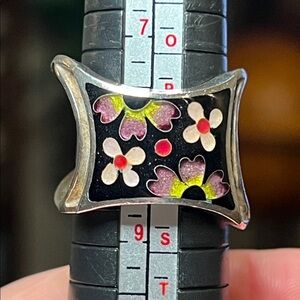 VTG Funky Modernist Cherry Blossom Flower Enamel Cloisonne Sterling Silver Ring